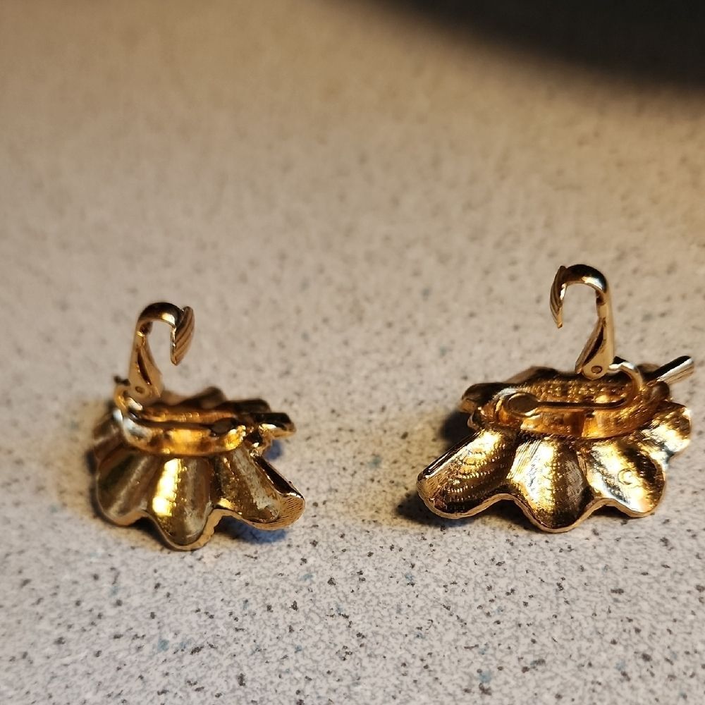 Gold and Brown Floral Clip-On Earrings with Textured Design - Picture 2 of 3